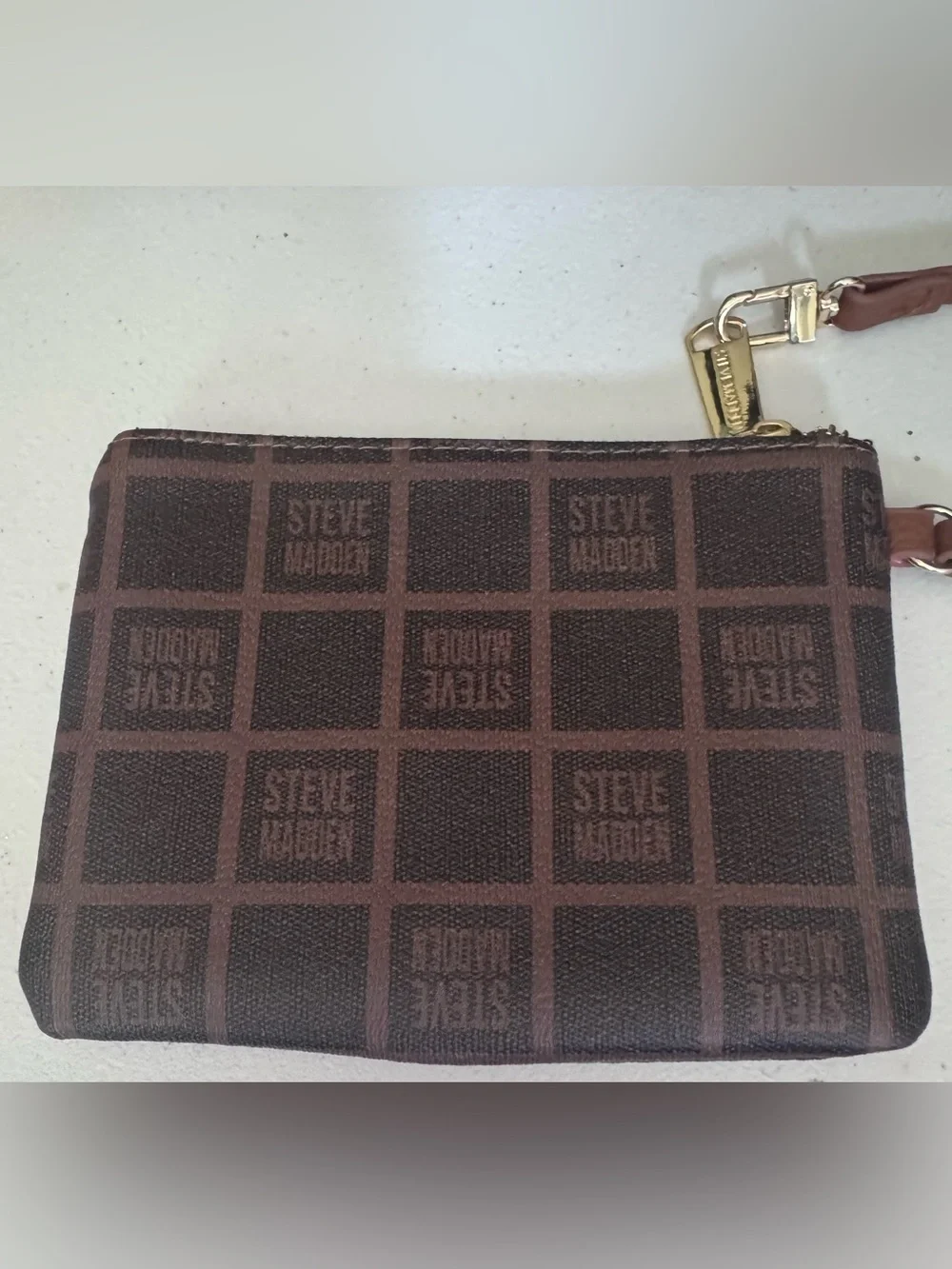 Steve Madden Brown Monogram Wristlet Pouch with Gold Plate